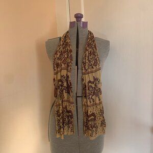 ECHO VTG Scarf Crinkle Fabric Indian Print Elephants Tigers Neutral 16x56" Boho